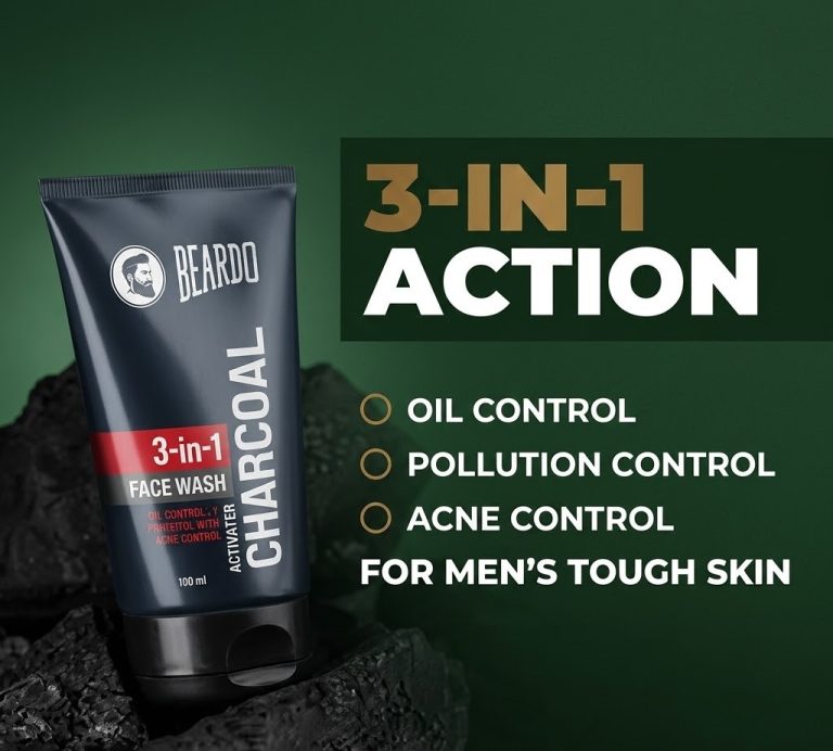 Men's skincare products featuring Beardo Charcoal Face Wash with activated charcoal for daily grooming